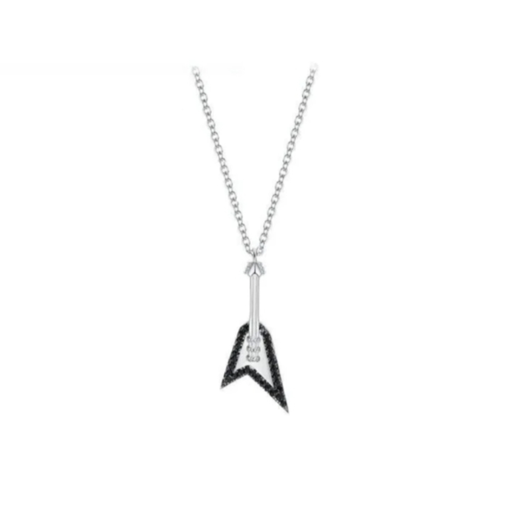 White Gold Over Sterling Silver Black Diamond V Guitar Necklace